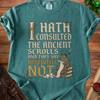 Teal t-shirt with text "I Hath Consulted The Ancient Scrolls and They Say Absolutely NOT" and a frog.