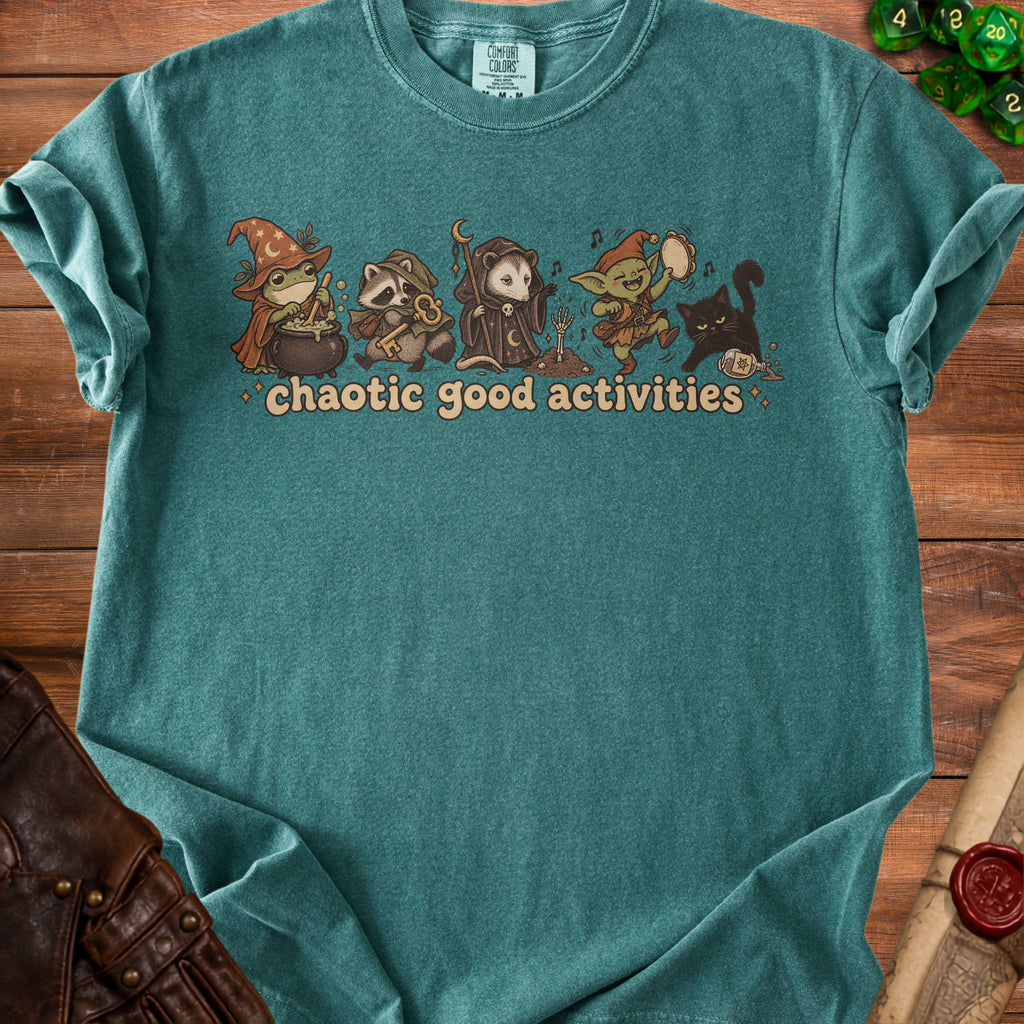 T-shirt with cartoon frog, raccoon, possum, goblin, and cat, text "chaotic good activities."