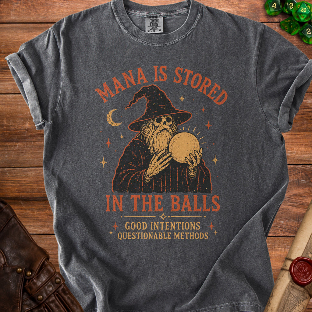 Dark grey t-shirt with wizard graphic and text: "Mana is stored in the balls."
