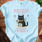 Light blue t-shirt with graphic of a grumpy cat dressed as a bee and text "Mind Your Business, Make Your Honey, and Sting People When Necessary."