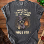 Gray t-shirt with graphic of owl in wizard hat holding coffee and saying "HUGE FIRE".