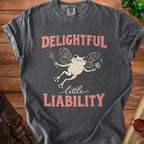 Dark grey t-shirt with fairy frog graphic and text "Delightful little Liability".