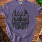 Purple t-shirt with a seated gargoyle graphic and the text "CHERCHED. UNBOTHERED. JUDGING."