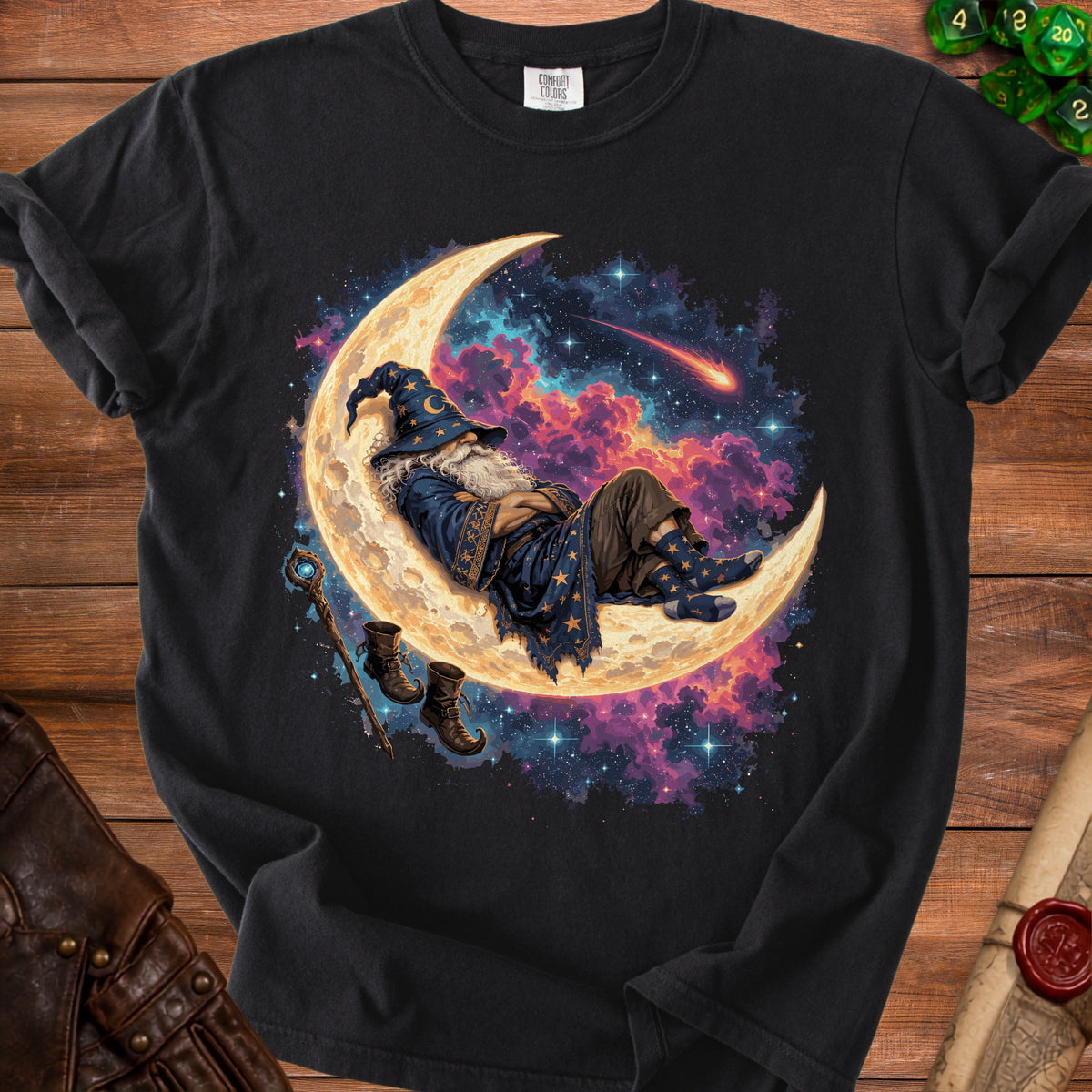 Wizard asleep on moon in starry, colorful nebula with staff and boots.