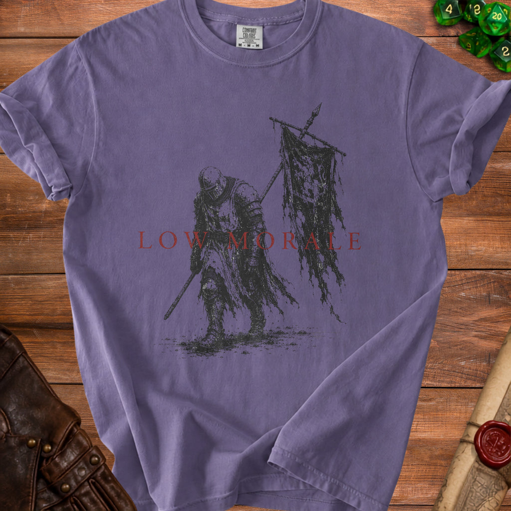 Purple t-shirt with a distressed knight and tattered flag design and text "LOW MORALE".