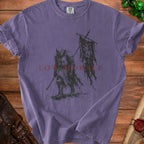 Purple t-shirt with a distressed knight and tattered flag design and text "LOW MORALE".