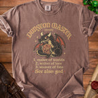 Brown t-shirt with a dragon holding a twenty-sided die and "Dungeon Master" text.