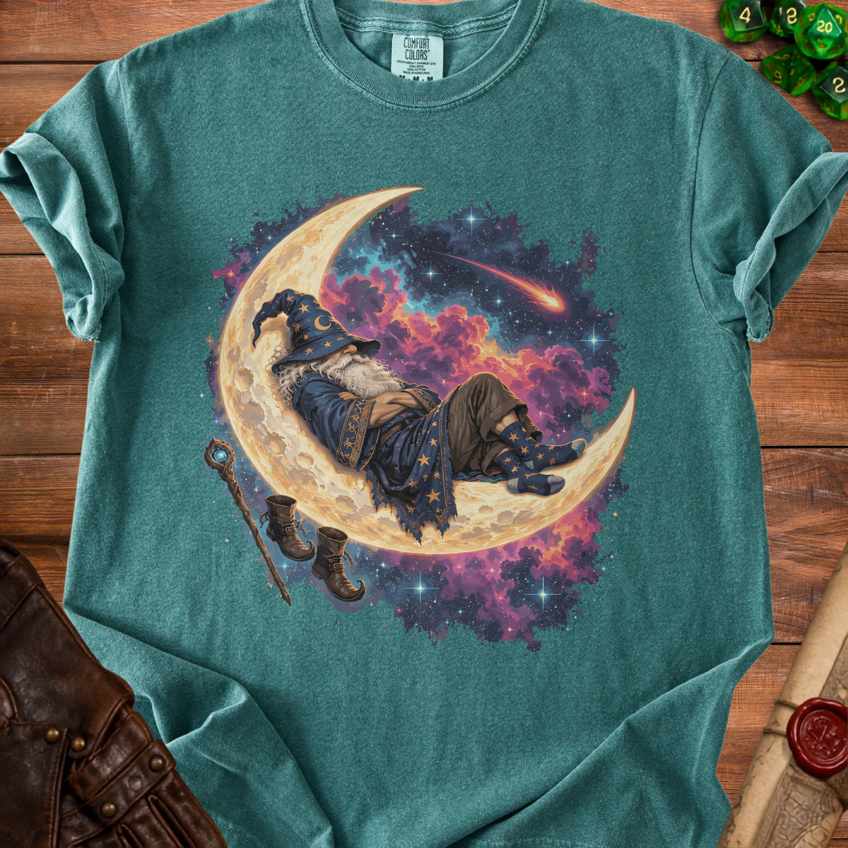 Wizard sleeping on crescent moon with starry nebula background and a magic staff.