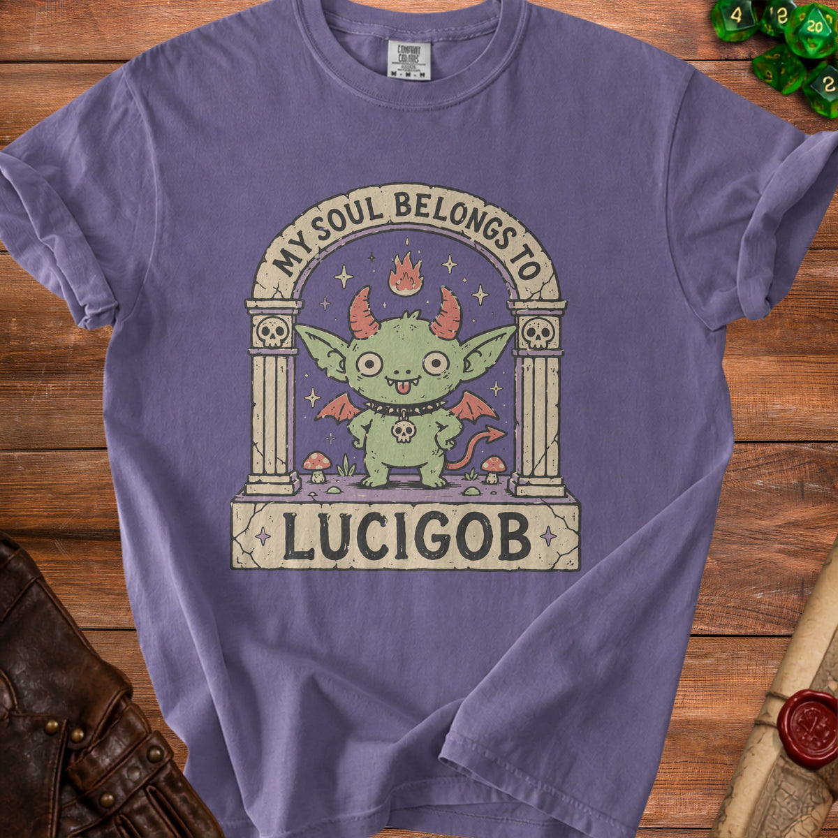 Purple t-shirt with a cartoon demon graphic that reads "My Soul Belongs To Lucigob".