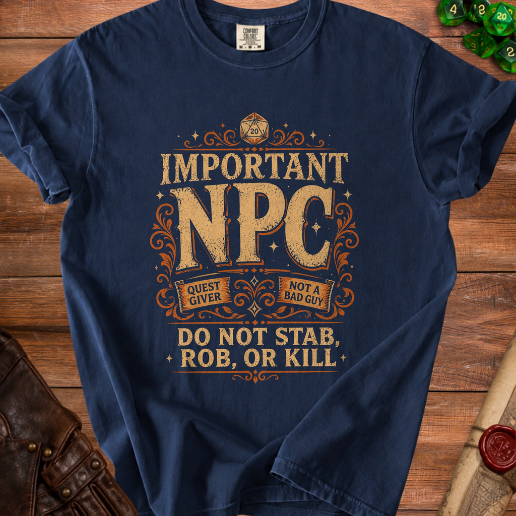 Dark blue t-shirt with "Important NPC" design and D20 dice graphic.