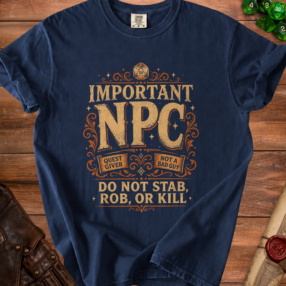 Dark blue t-shirt with "Important NPC" design and D20 dice graphic.