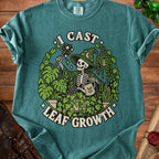 Skeleton wizard watering plants with text "I CAST LEAF GROWTH"