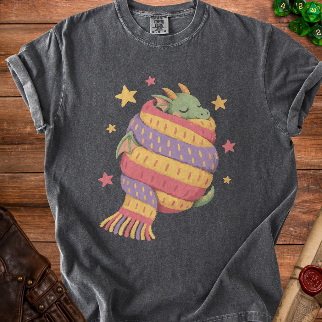 Dark grey t-shirt with a sleeping green dragon wrapped in a striped scarf.