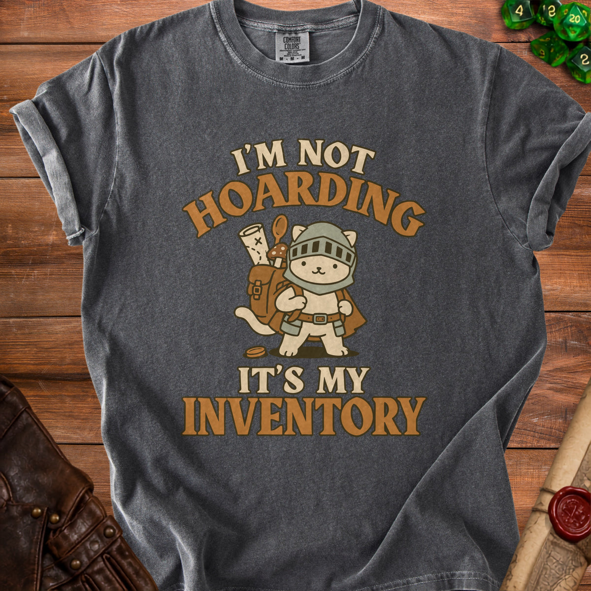 Grey t-shirt with a cat wearing armor and the text "I'm Not Hoarding It's My Inventory."