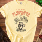 Yellow t-shirt with a mouse holding a lantern and the text "Boy, I Sure Do Wish... THE HORRORS WOULD STOP PERSISTING".