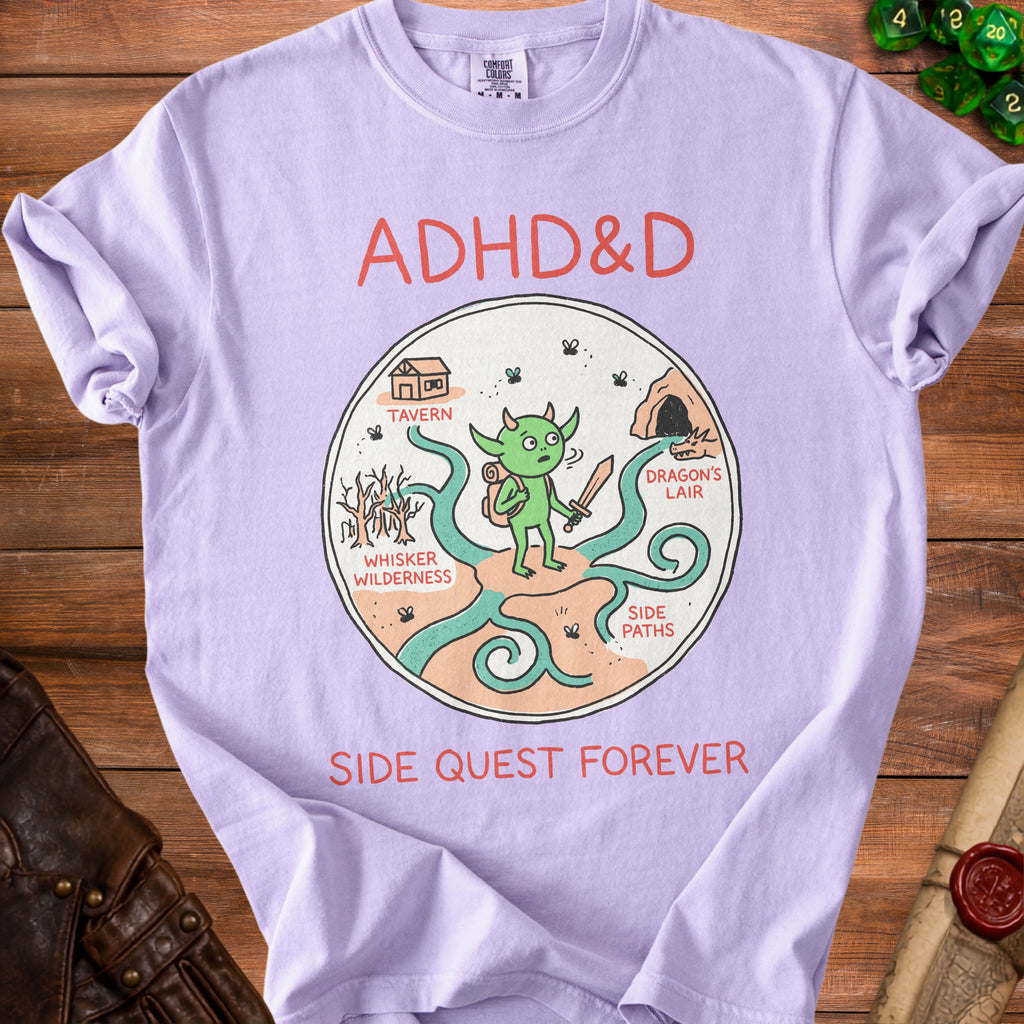 Purple t-shirt with "ADHD&D" text and a cartoon goblin on a map with locations.