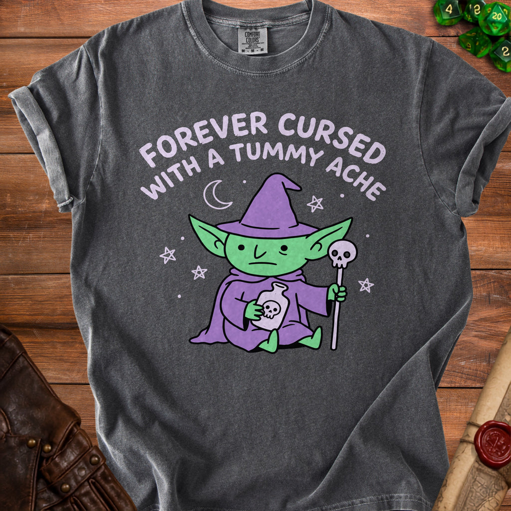 Dark grey t-shirt with purple goblin graphic and "Forever Cursed With A Tummy Ache" text.