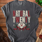 Dark gray t-shirt with "Natural Twenty" text and a D20 die.