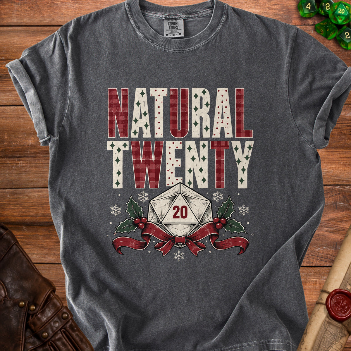 Dark gray t-shirt with "Natural Twenty" text and a D20 die.