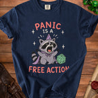 Navy t-shirt with raccoon wizard, dice, and "Panic is a free action" text.
