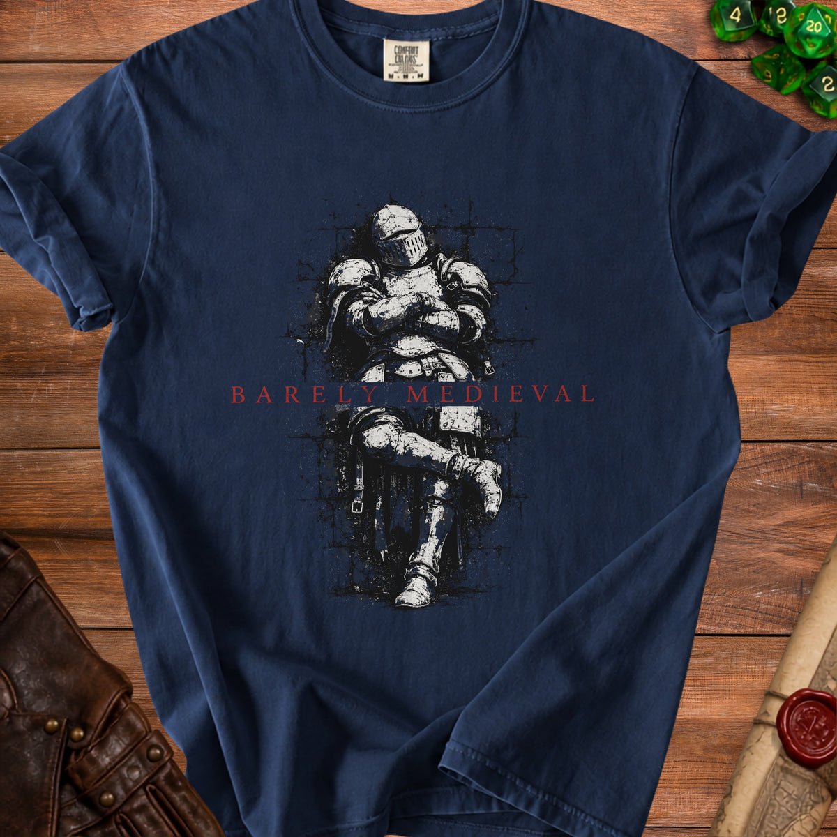Navy t-shirt with "BARELY MEDIEVAL" text and a knight illustration.