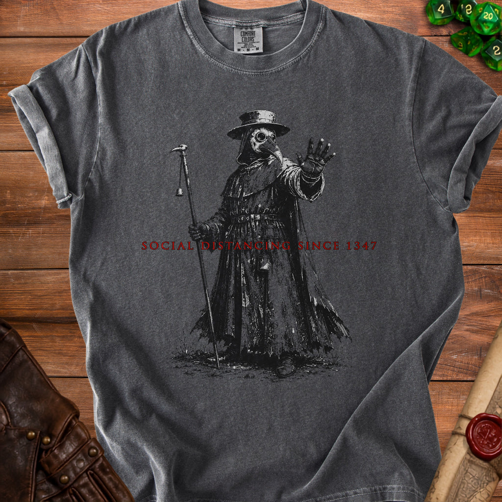 Dark grey t-shirt with plague doctor graphic and "SOCIAL DISTANCING SINCE 1347" text.