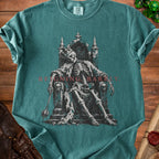 Skeleton king on throne with crown and scepter, "REIGNING BARELY" text.
