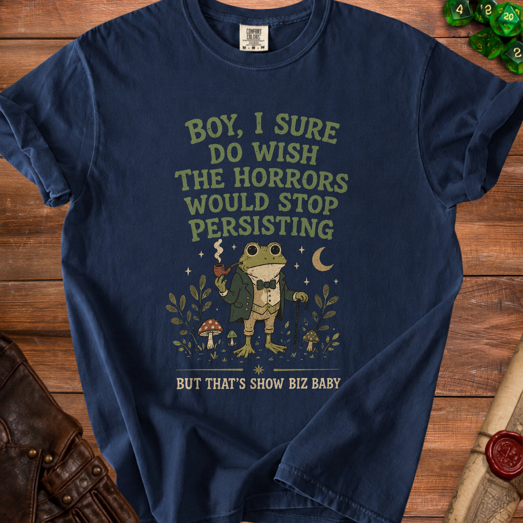 Dark blue t-shirt with a frog in a suit, holding a pipe and cane.