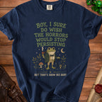 Dark blue t-shirt with a frog in a suit, holding a pipe and cane.