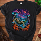 Skeleton relaxing in a hammock with psychedelic mushrooms and meteors in the sky.