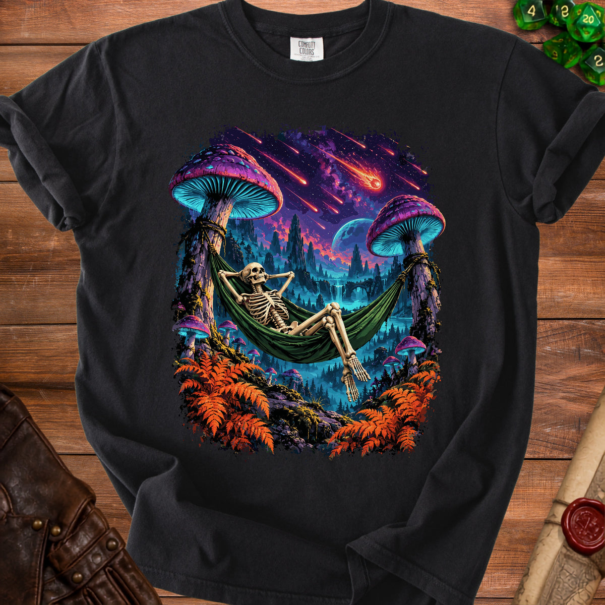 Skeleton relaxing in a hammock with psychedelic mushrooms and meteors in the sky.