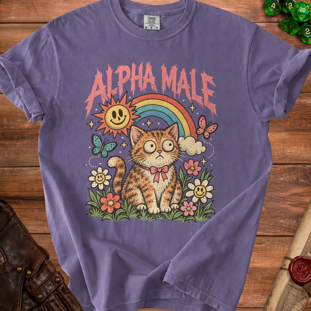 Purple t-shirt with "ALPHA MALE" text and a cartoon cat, rainbow, and sun.