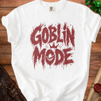 White t-shirt with distressed red "Goblin Mode" text and a goblin face.