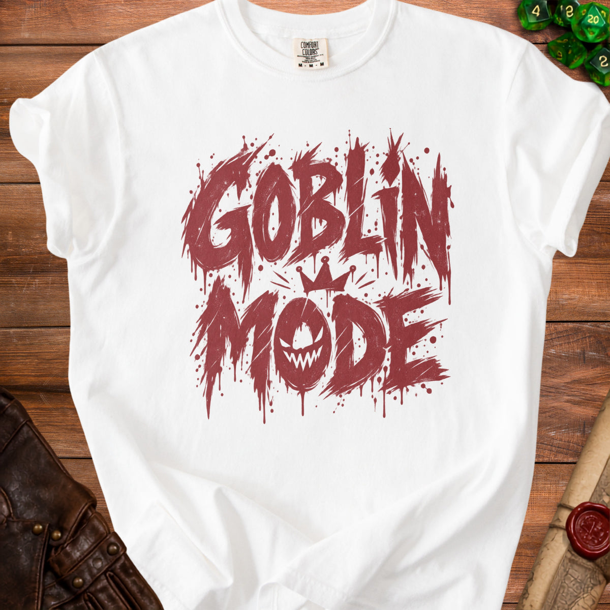 White t-shirt with distressed red "Goblin Mode" text and a goblin face.