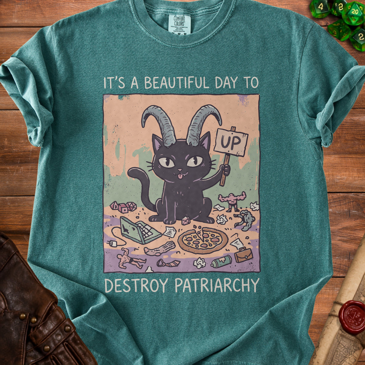 Black cat with goat horns holding an "UP" sign, surrounding items.