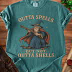 Wizard with shotgun and text "Outta Spells But Not Outta Shells".