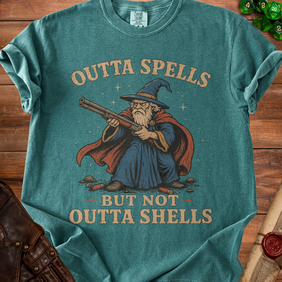 Wizard with shotgun and text "Outta Spells But Not Outta Shells".