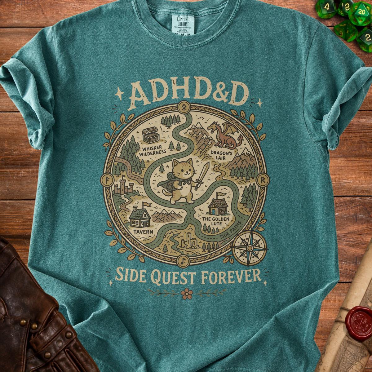 T-shirt with ADHD&D map design featuring a cat warrior and "Side Quest Forever" text.