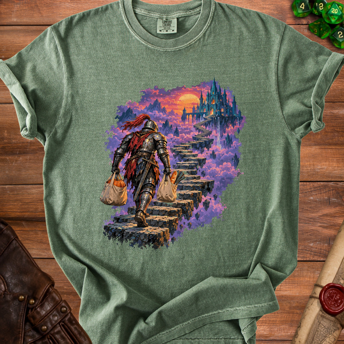 Knight carrying groceries up steps towards a fantasy castle during sunset.