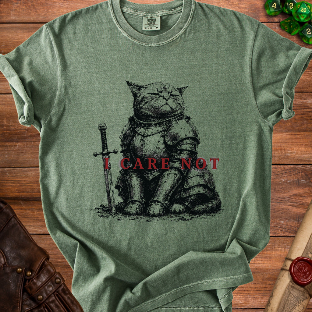 Green t-shirt with a knight cat illustration and the text "I CARE NOT".