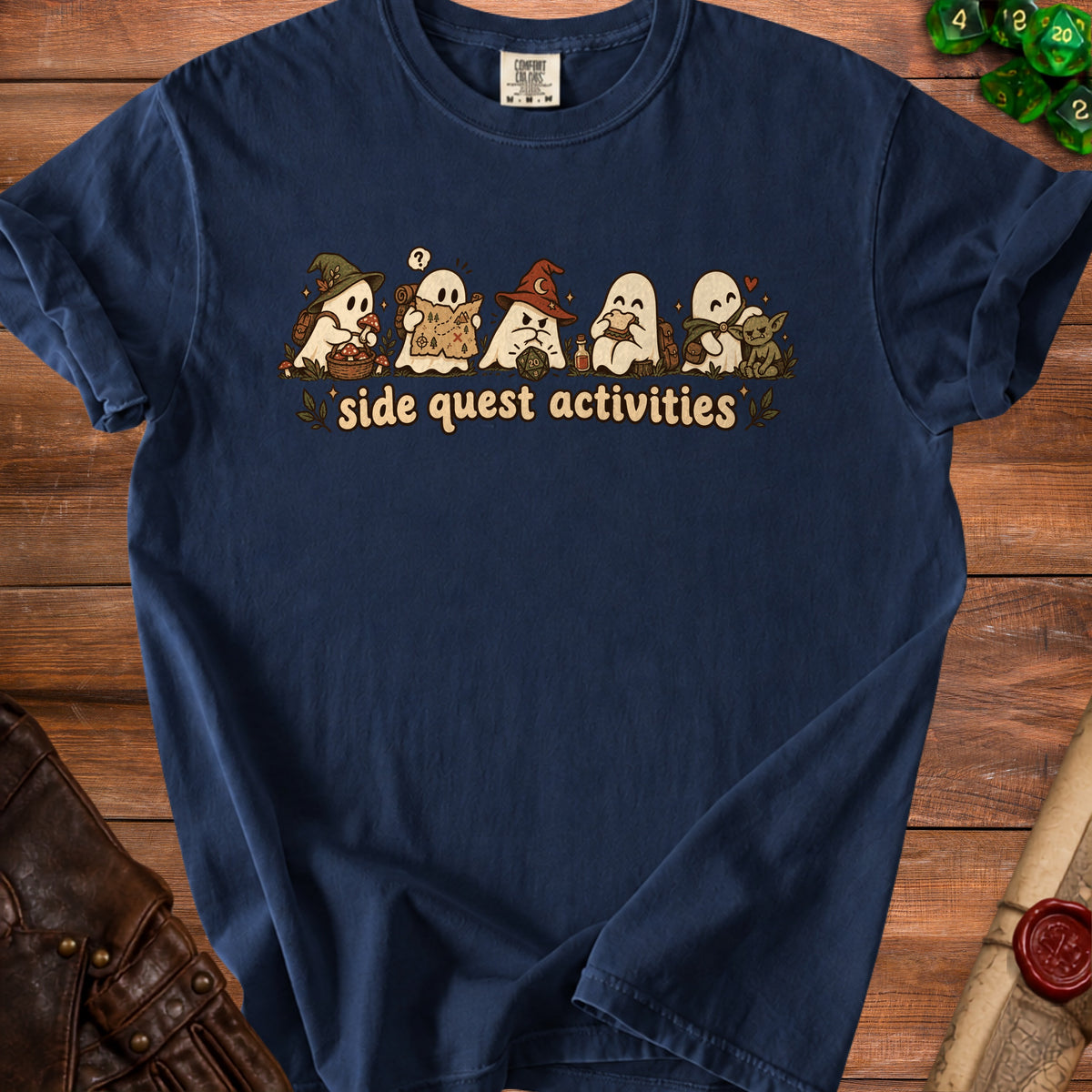 Navy t-shirt with cartoon ghosts engaging in "side quest activities" and dice.