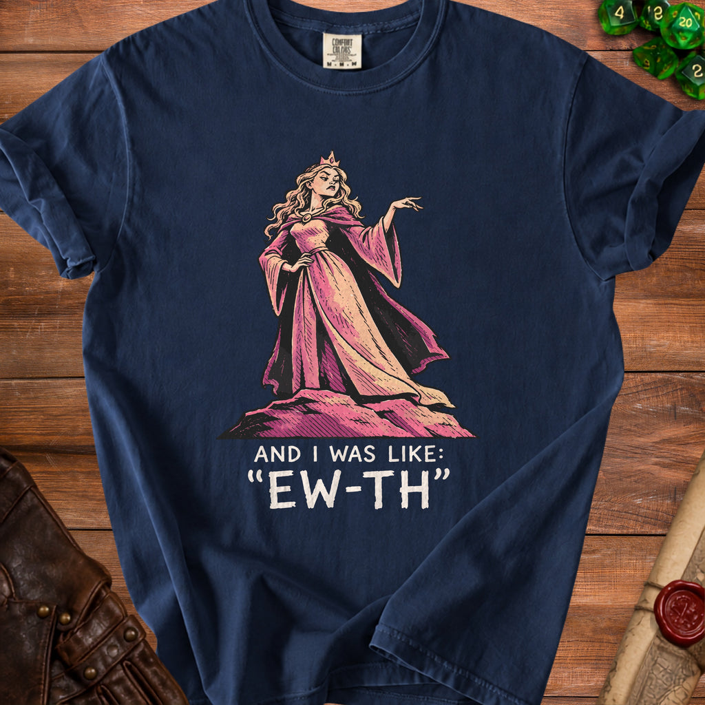Navy t-shirt with "EW-TH" text and princess graphic.