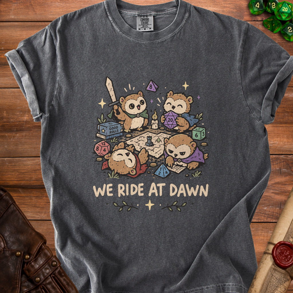 T-shirt with cartoon owls playing Dungeons & Dragons with dice and sword.