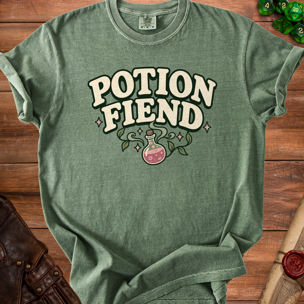 Green t-shirt with "Potion Fiend" text and potion bottle graphic.