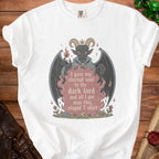 White t-shirt with a demon graphic and text "I gave my eternal soul to the dark lord and all I got was this stupid T-shirt".