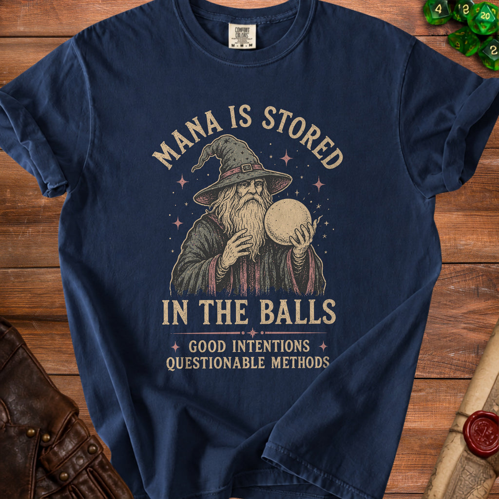 Navy t-shirt with wizard graphic and text "Mana is stored in the balls".