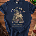 Navy t-shirt with wizard graphic and text "Mana is stored in the balls".