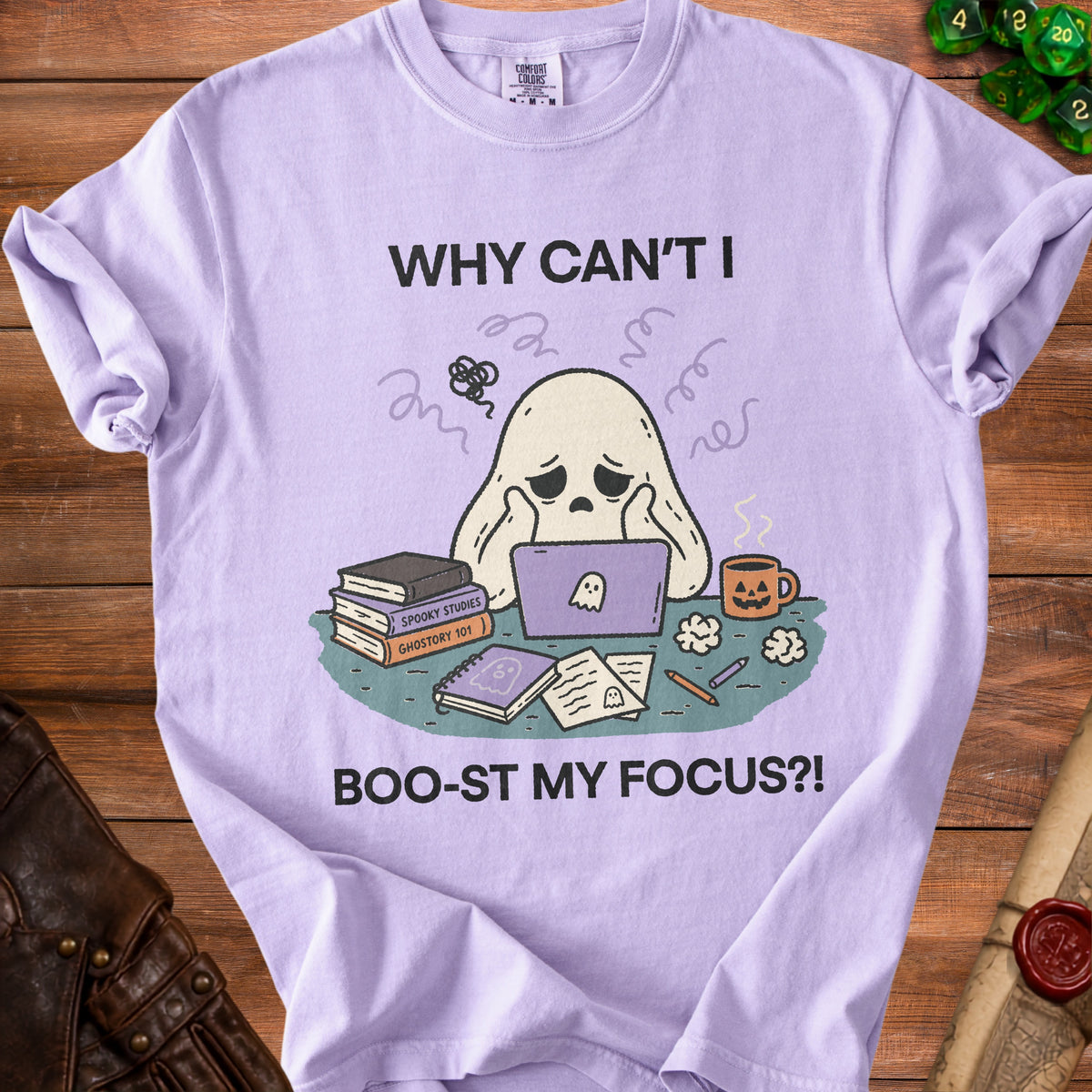 Purple t-shirt with a distressed ghost at a laptop, reading books, and text "WHY CAN'T I BOO-ST MY FOCUS?!".
