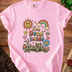 Pink t-shirt with graphic of skeleton and text "I'm Dead Inside"