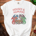 White t-shirt with "HOUSES & HUMANS" and dragons playing a board game.